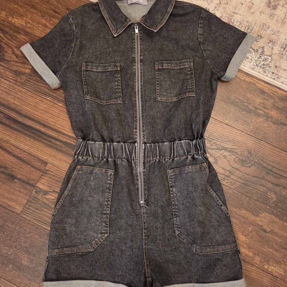 Black Denim One Piece Romper - Picture 2 of 4